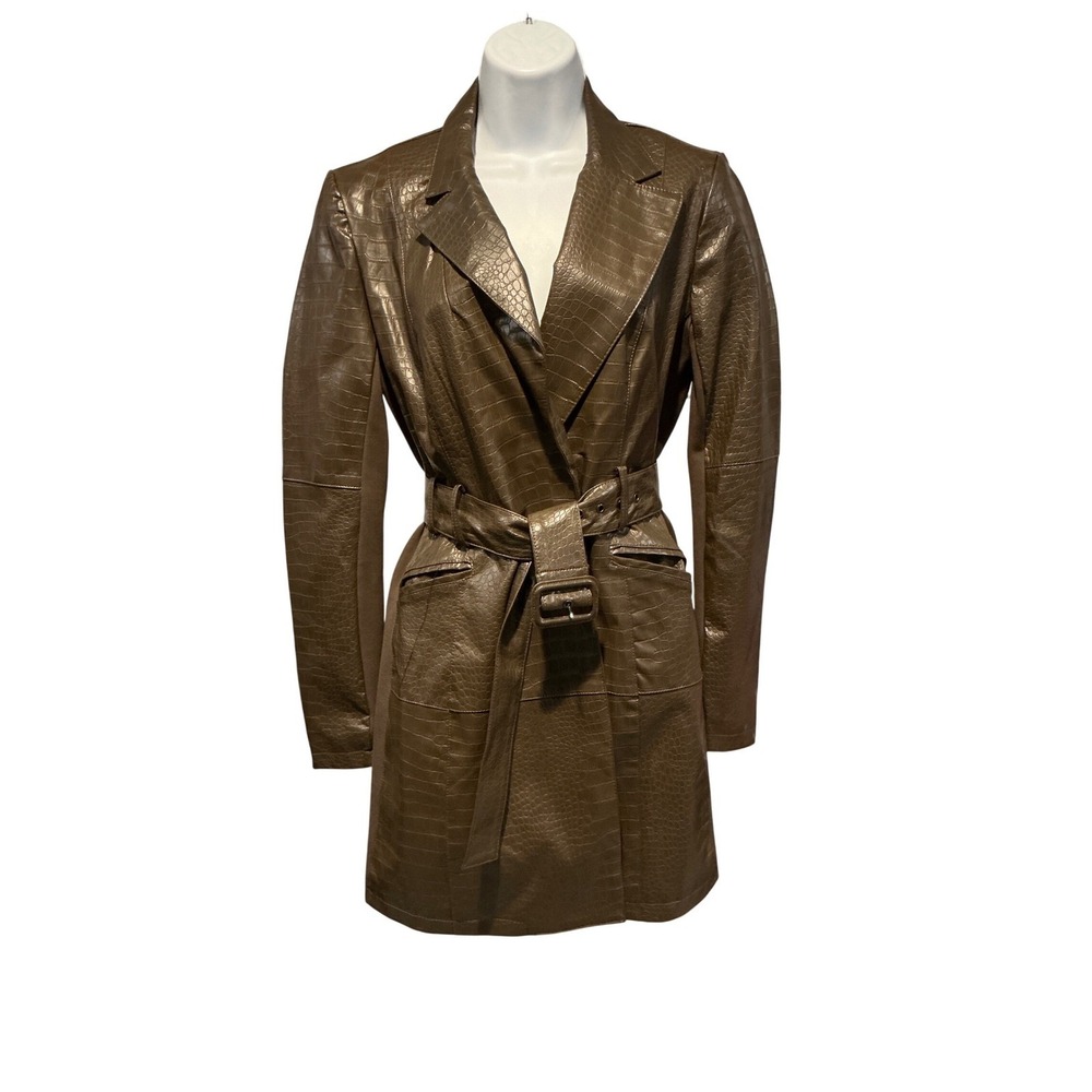 French Connection Womens Faux‎ Croc Trench Coat Sz 6 Parisian Euro Chic Classic